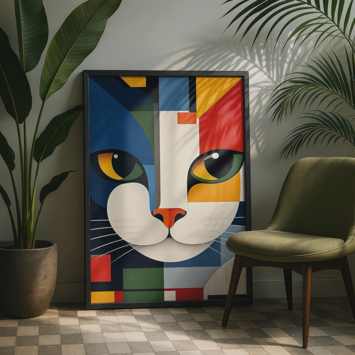 Abstract Cat Face Print, Geometric Bauhaus Wall Art, Mondrian Style Decor Print