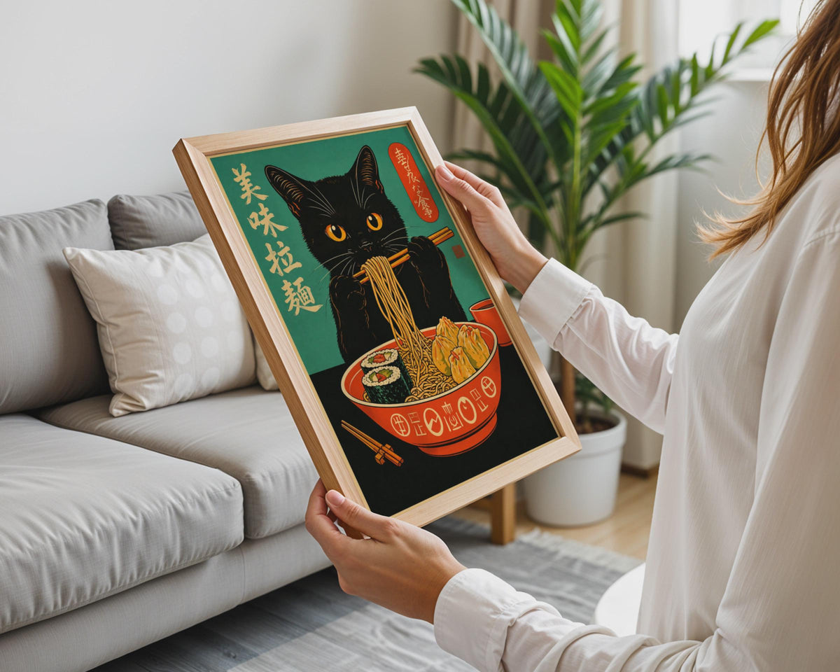 Black Cat Ramen Poster, Retro Asian Food Wall Art, Vintage Japanese Noodle Print