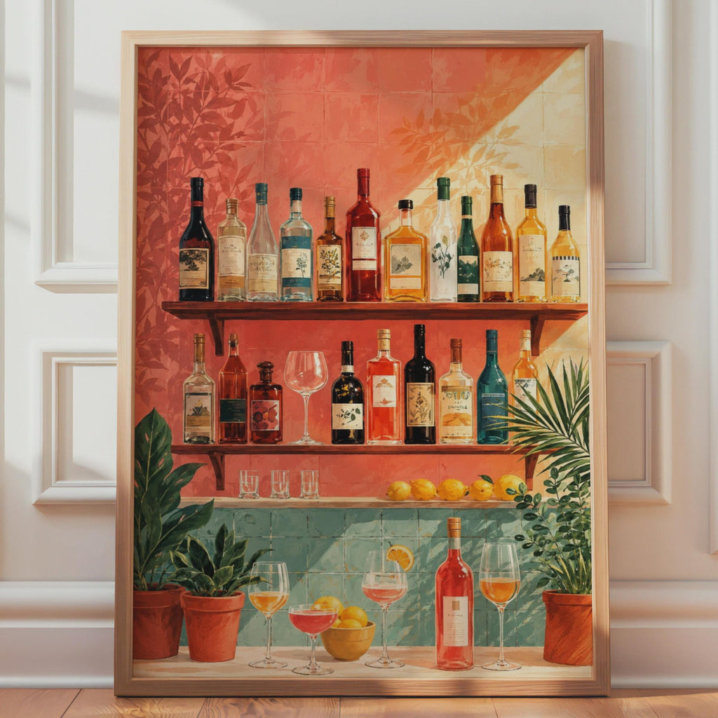 Bar Shelf Drinks Poster, Colorful Bottles, Tropical Plants, Maximalist Kitchen Art