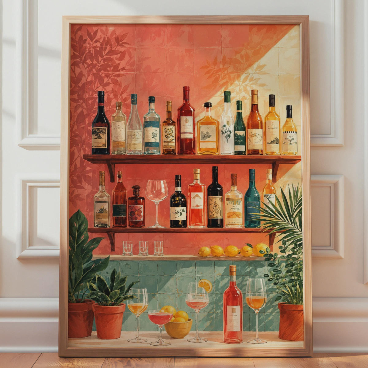 Bar Shelf Drinks Poster, Colorful Bottles, Tropical Plants, Maximalist Kitchen Art
