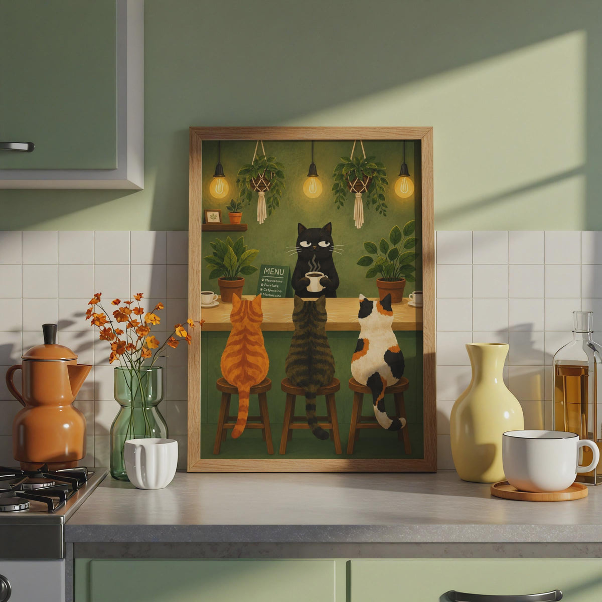 Cat Cafe Poster, Whimsical Black Cat Barista Art, Cosy Green Kitchen Print