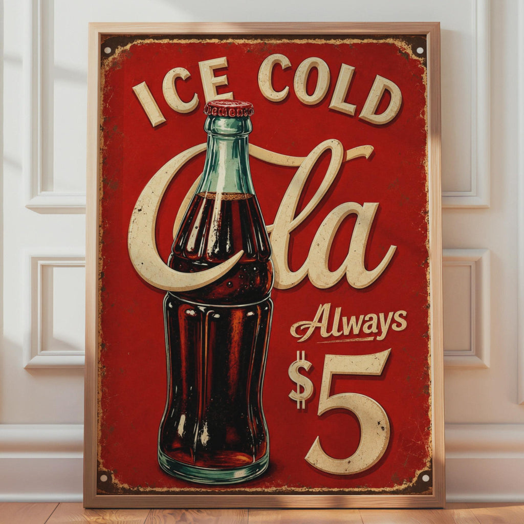 Ice Cold Cola Retro Tin Sign, Vintage Soda Bar Wall Art, Red Diner Print