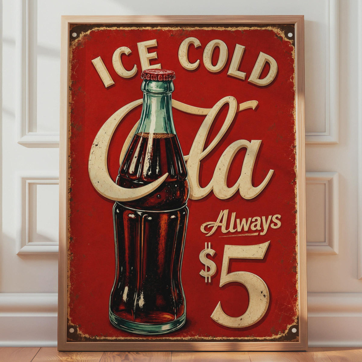 Ice Cold Cola Retro Tin Sign, Vintage Soda Bar Wall Art, Red Diner Print