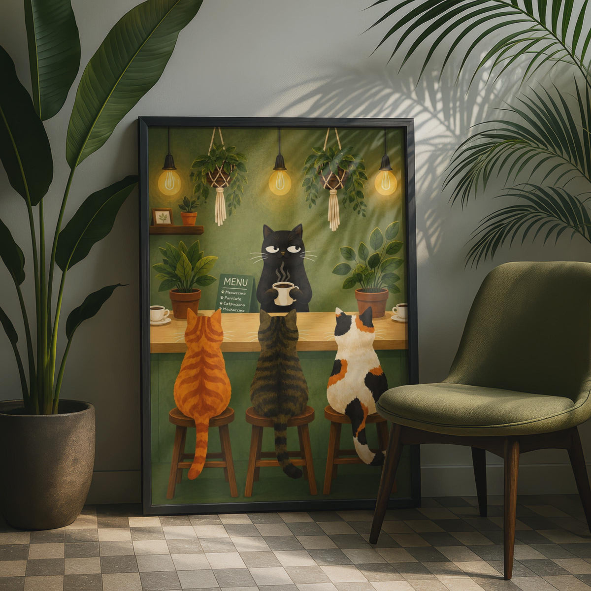 Cat Cafe Poster, Whimsical Black Cat Barista Art, Cosy Green Kitchen Print