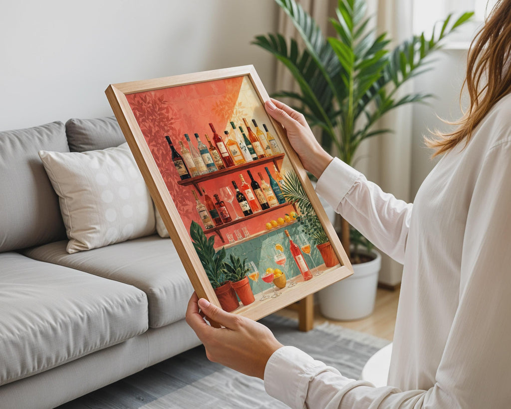 Bar Shelf Drinks Poster, Colorful Bottles, Tropical Plants, Maximalist Kitchen Art