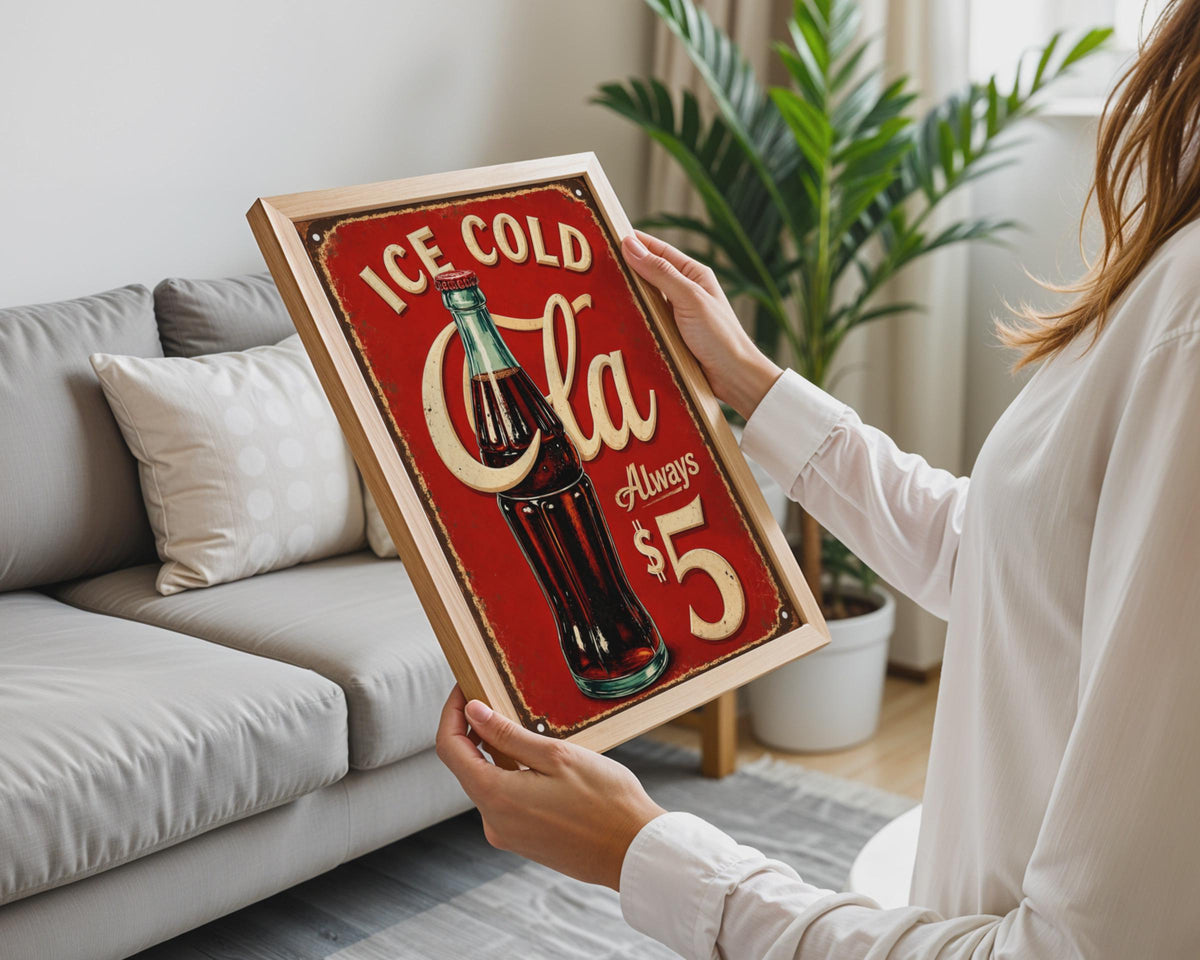 Ice Cold Cola Retro Tin Sign, Vintage Soda Bar Wall Art, Red Diner Print