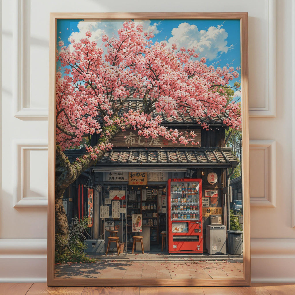 Japanese Cherry Blossom Shop Poster, Anime Style Street Scene Wall Art Print