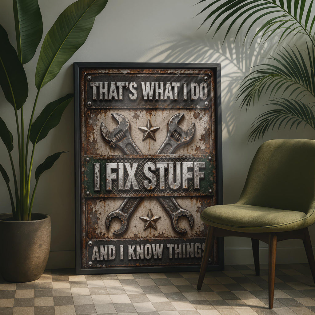 Mechanic Poster, I Fix Stuff And Know Things, Rustic Garage Wall Art Him