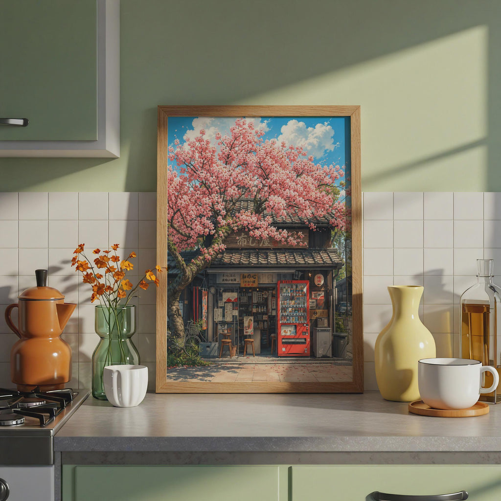 Japanese Cherry Blossom Shop Poster, Anime Style Street Scene Wall Art Print