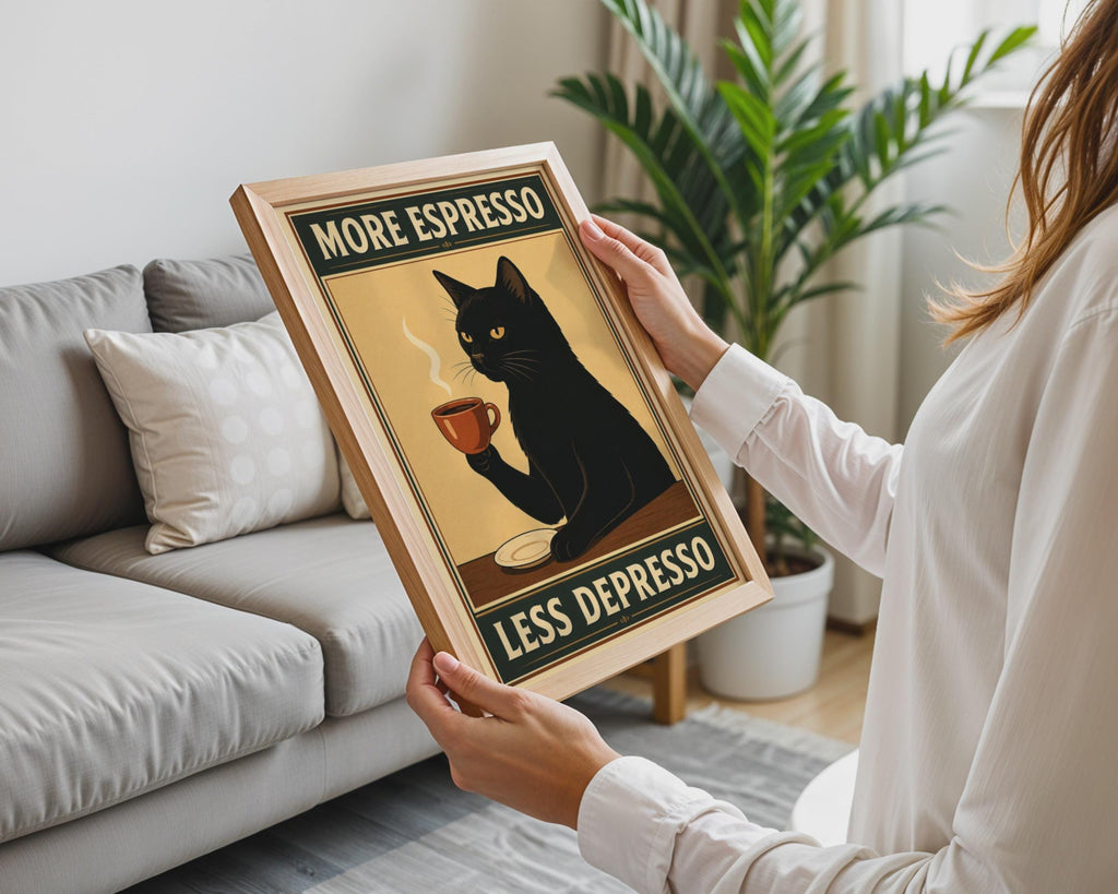 Black Cat Espresso Poster, Retro Kitchen Wall Art, Mid-Century Feline Print