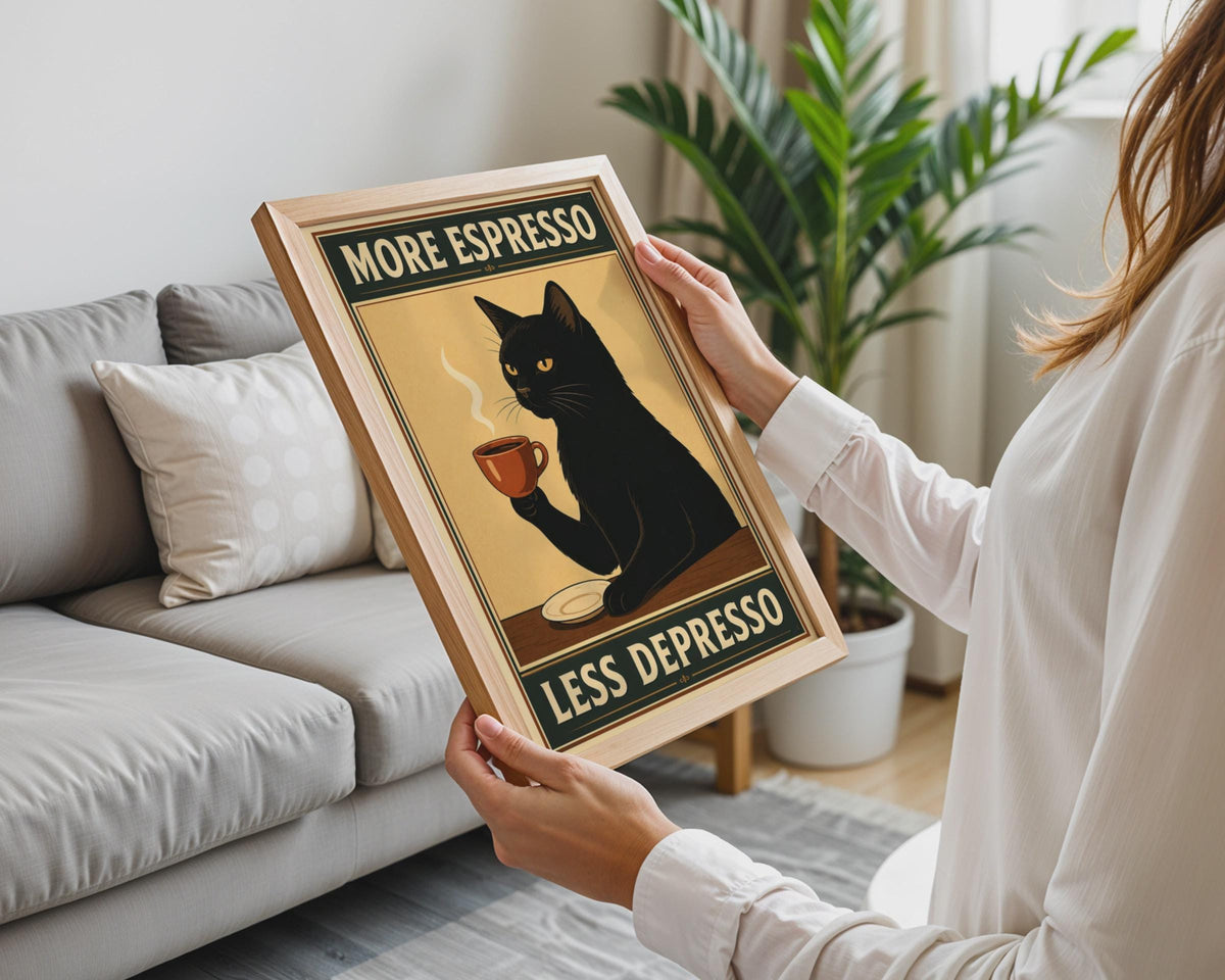 Black Cat Espresso Poster, Retro Kitchen Wall Art, Mid-Century Feline Print