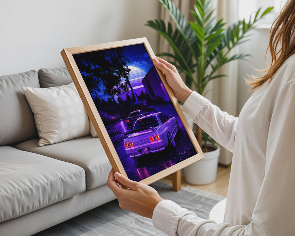 Nissan Skyline GTR R32 Poster, JDM Night Scene Print, Retro Synthwave Wall Art Print