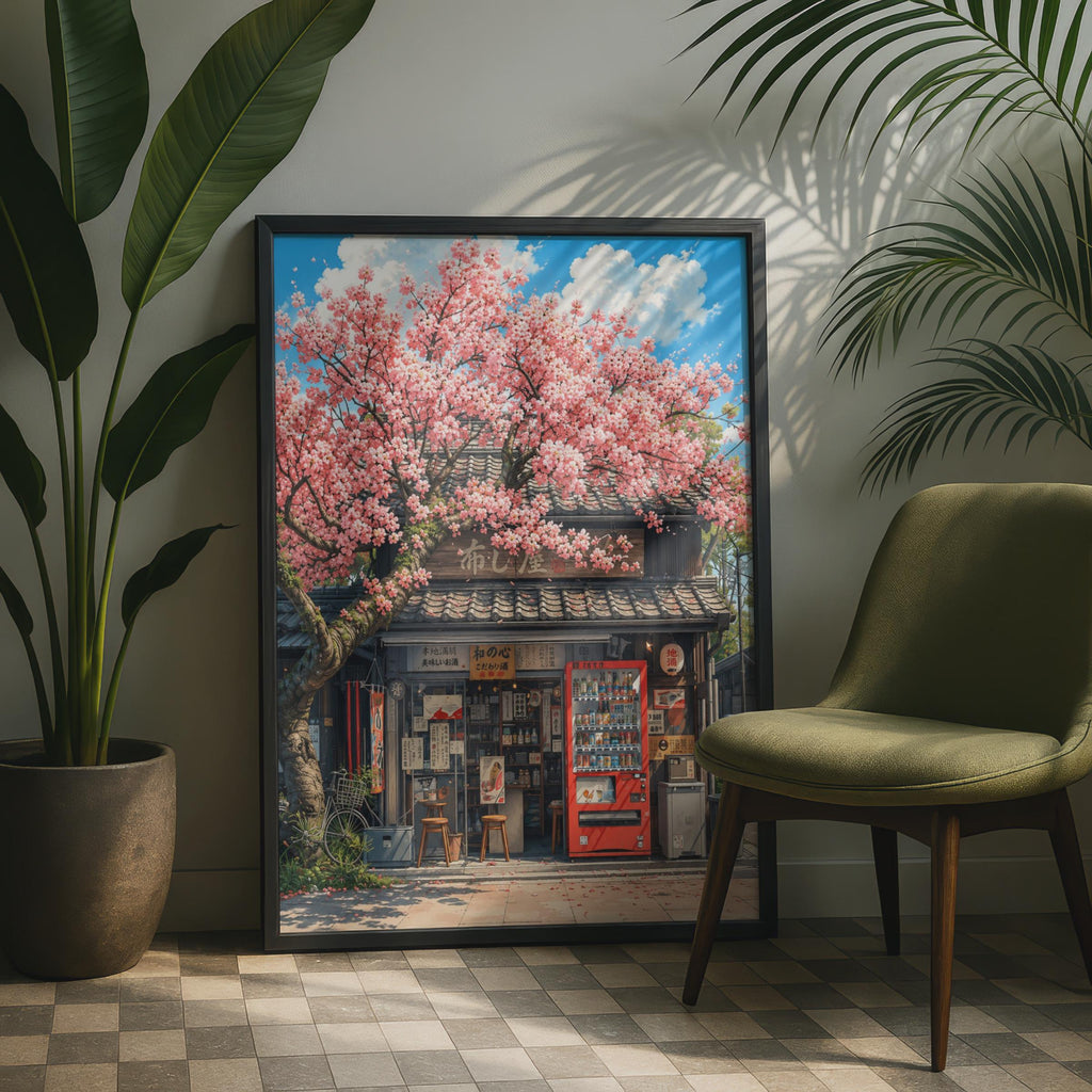 Japanese Cherry Blossom Shop Poster, Anime Style Street Scene Wall Art Print