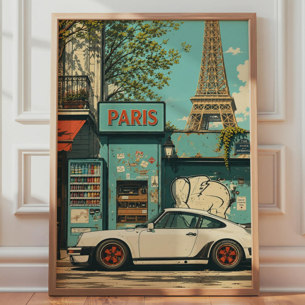 Porsche 911 Paris Poster, Eiffel Tower Retro Car Print, Vintage Street Scene Print