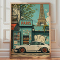 Porsche 911 Paris Poster, Eiffel Tower Retro Car Print, Vintage Street Scene Print