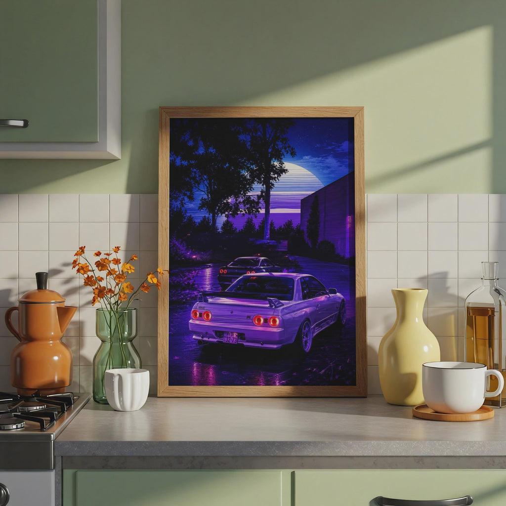 Nissan Skyline GTR R32 Poster, JDM Night Scene Print, Retro Synthwave Wall Art Print