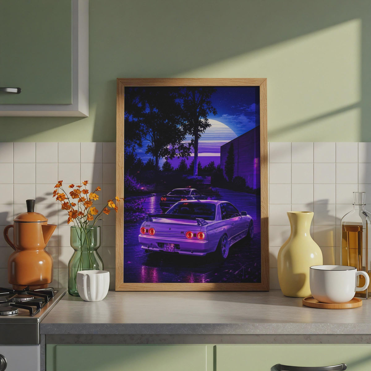Nissan Skyline GTR R32 Poster, JDM Night Scene Print, Retro Synthwave Wall Art Print