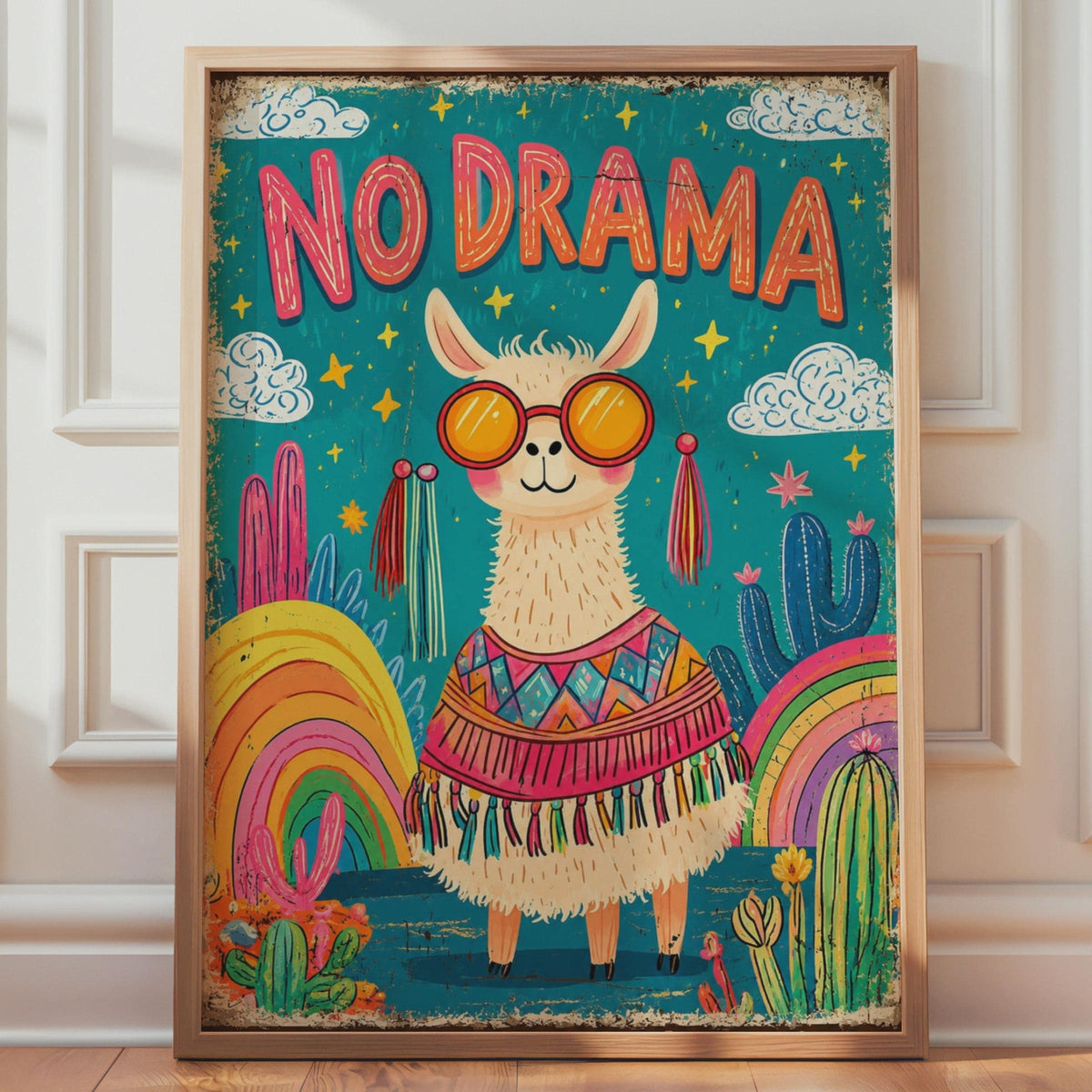No Drama Llama Poster, Retro Cactus Boho Wall Art, Sunglasses Llama Print