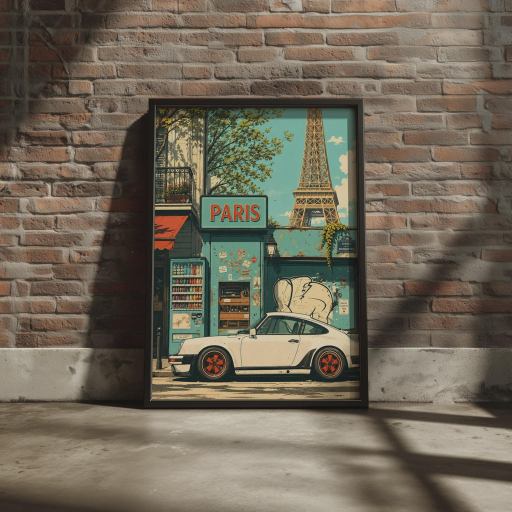 Porsche 911 Paris Poster, Eiffel Tower Retro Car Print, Vintage Street Scene Print