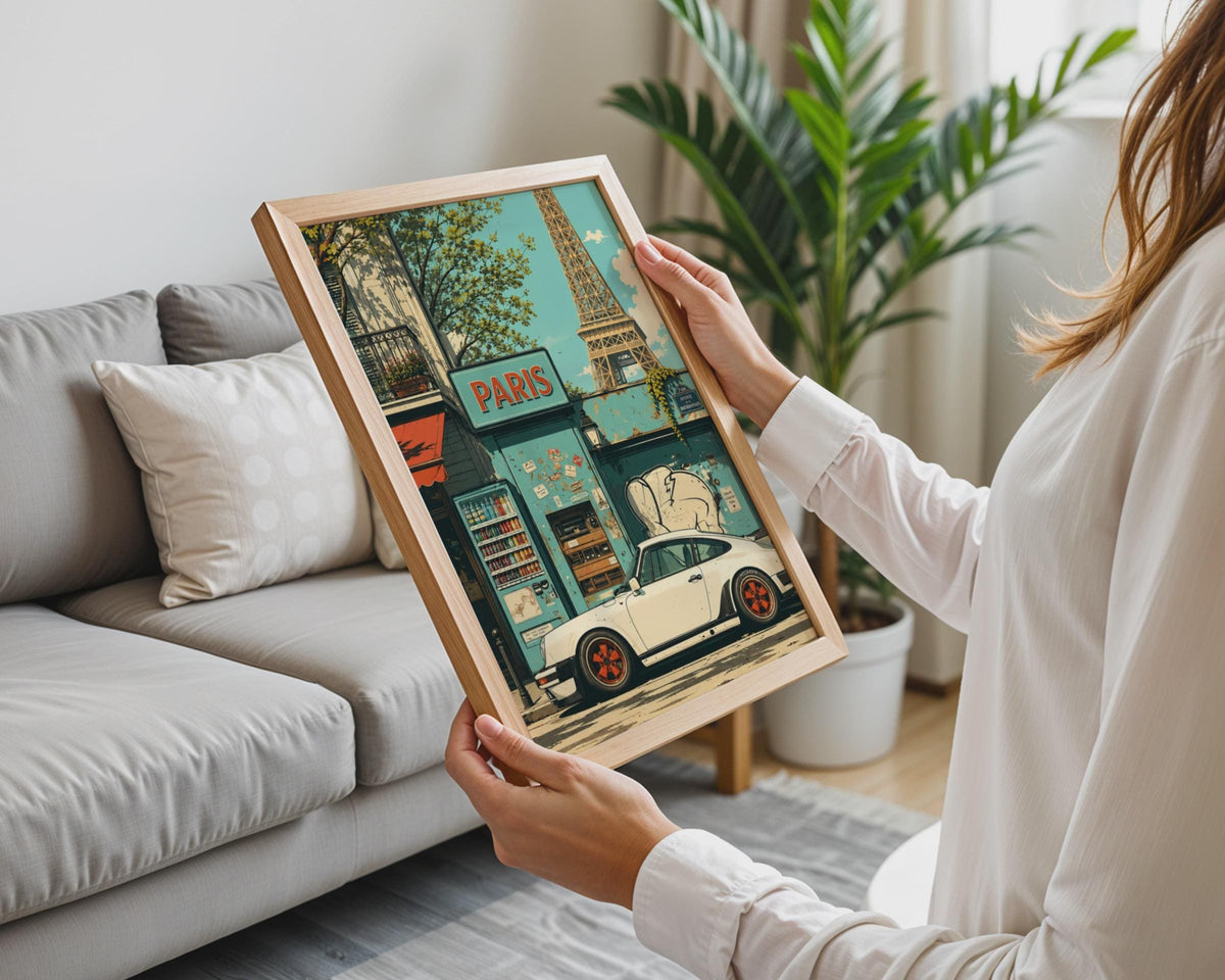 Porsche 911 Paris Poster, Eiffel Tower Retro Car Print, Vintage Street Scene Print