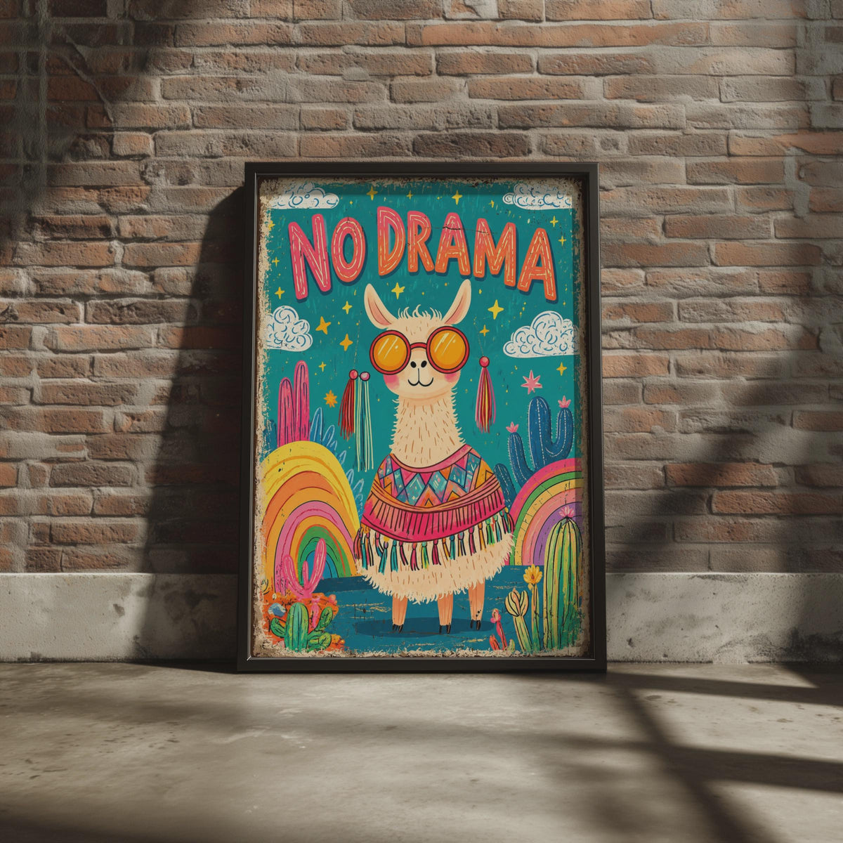 No Drama Llama Poster, Retro Cactus Boho Wall Art, Sunglasses Llama Print