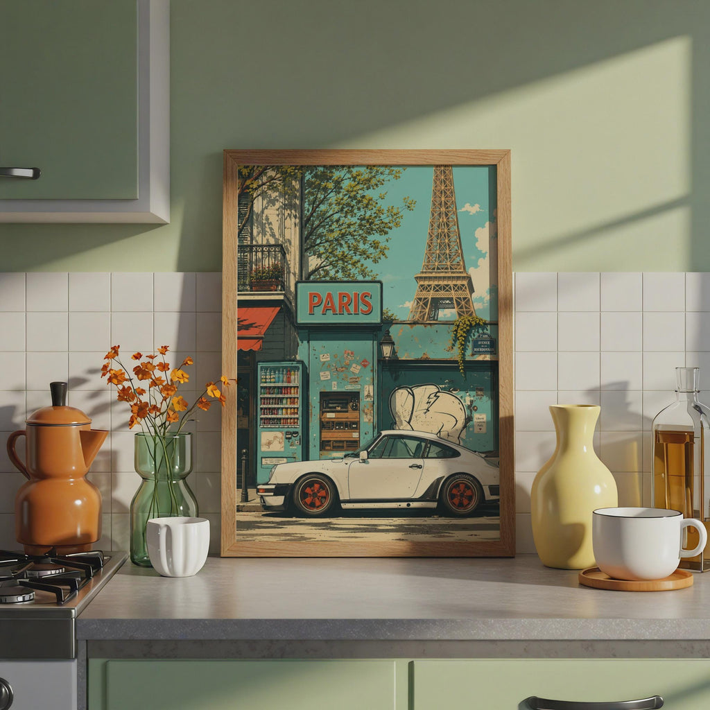 Porsche 911 Paris Poster, Eiffel Tower Retro Car Print, Vintage Street Scene Print