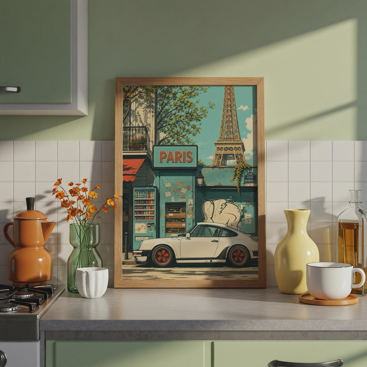Porsche 911 Paris Poster, Eiffel Tower Retro Car Print, Vintage Street Scene Print