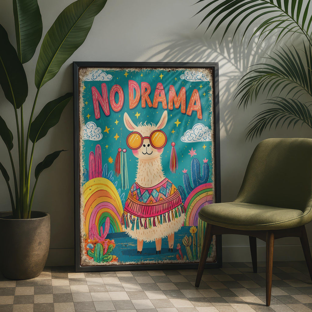 No Drama Llama Poster, Retro Cactus Boho Wall Art, Sunglasses Llama Print