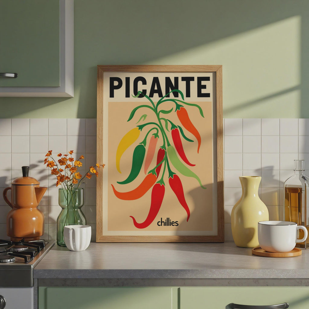Picante Chillies Print, Retro Food Poster, Colourful Kitchen Wall Art Print