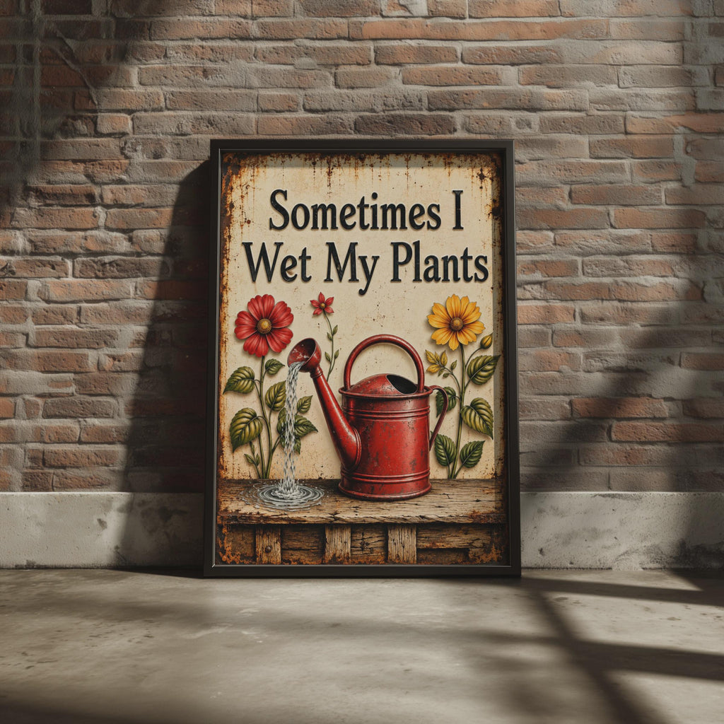 Sometimes I Wet My Plants Poster, Vintage Rustic Floral Garden Art (Print)