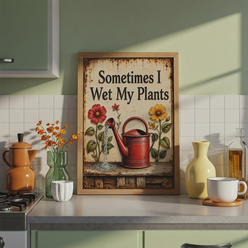 Sometimes I Wet My Plants Poster, Vintage Rustic Floral Garden Art (Print)