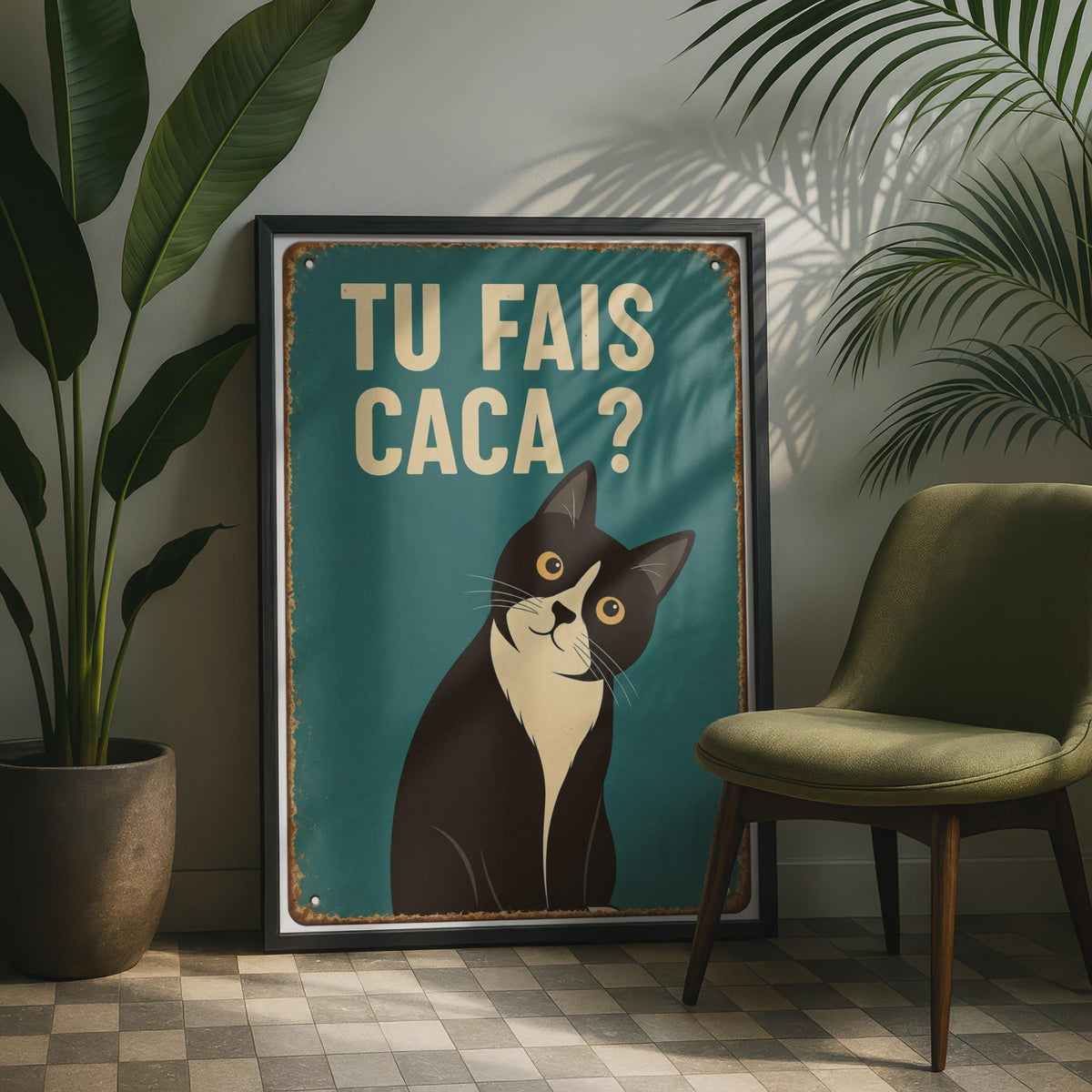 French Tuxedo Cat Poster, Retro Humour Bathroom Wall Art, Vintage Toilet Print