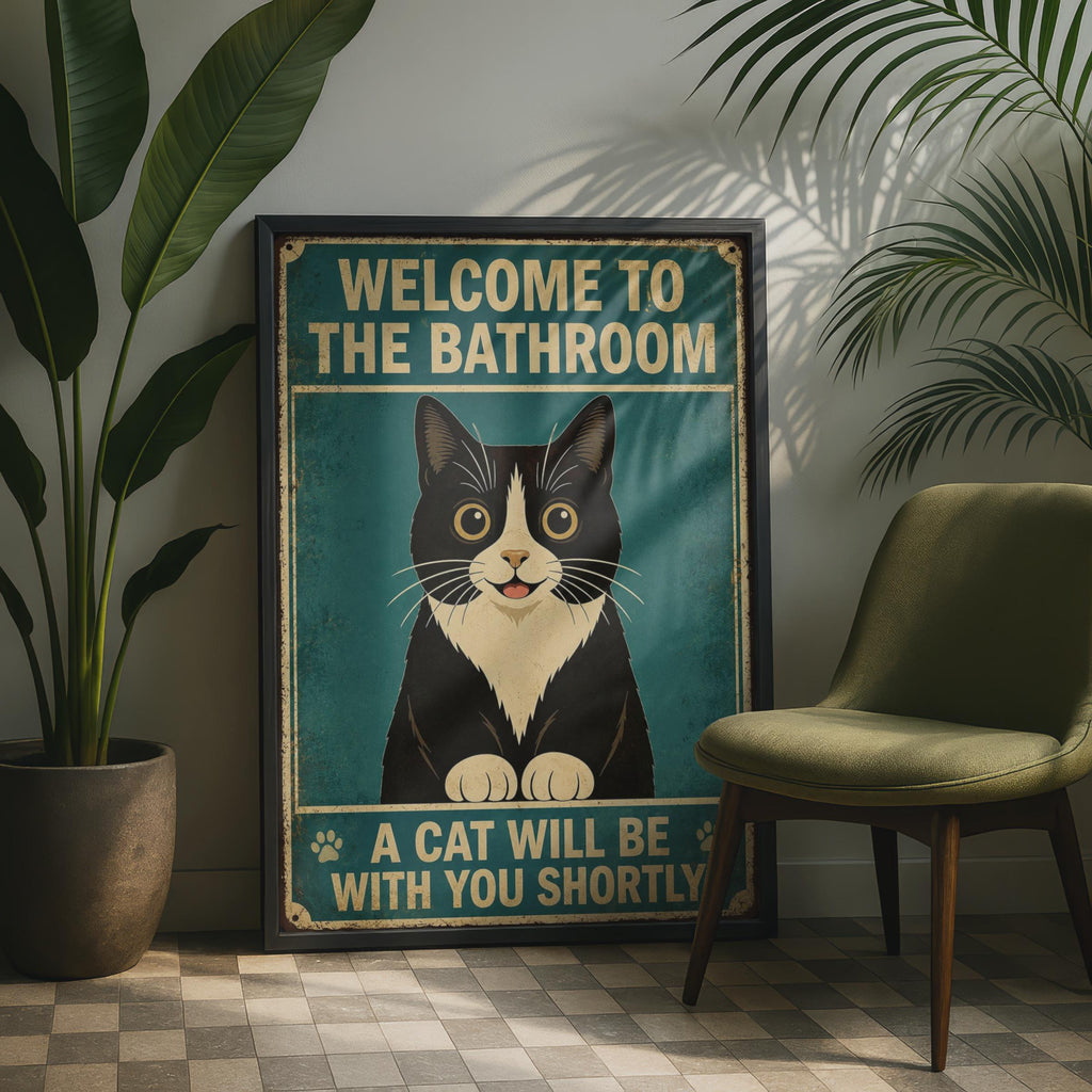 Welcome To The Bathroom A Cat Will Be With You Shortly, Funny Tuxedo Cat Poster, Vintage Retro Wall Art Print