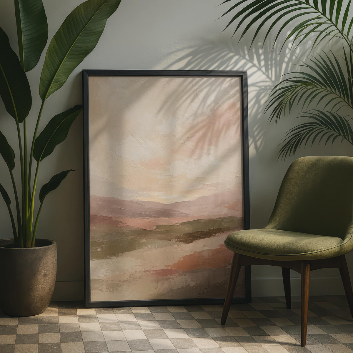Abstract Landscape Print, Earthy Sunset Valley, Boho Neutral Wall Art