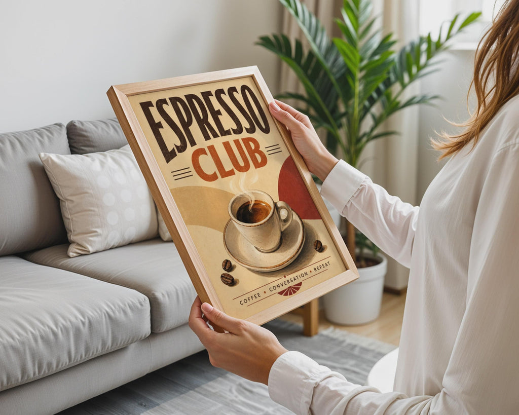 Espresso Club Retro Coffee Poster, Mid Century Cafe Wall Art, Terracotta Tones Print