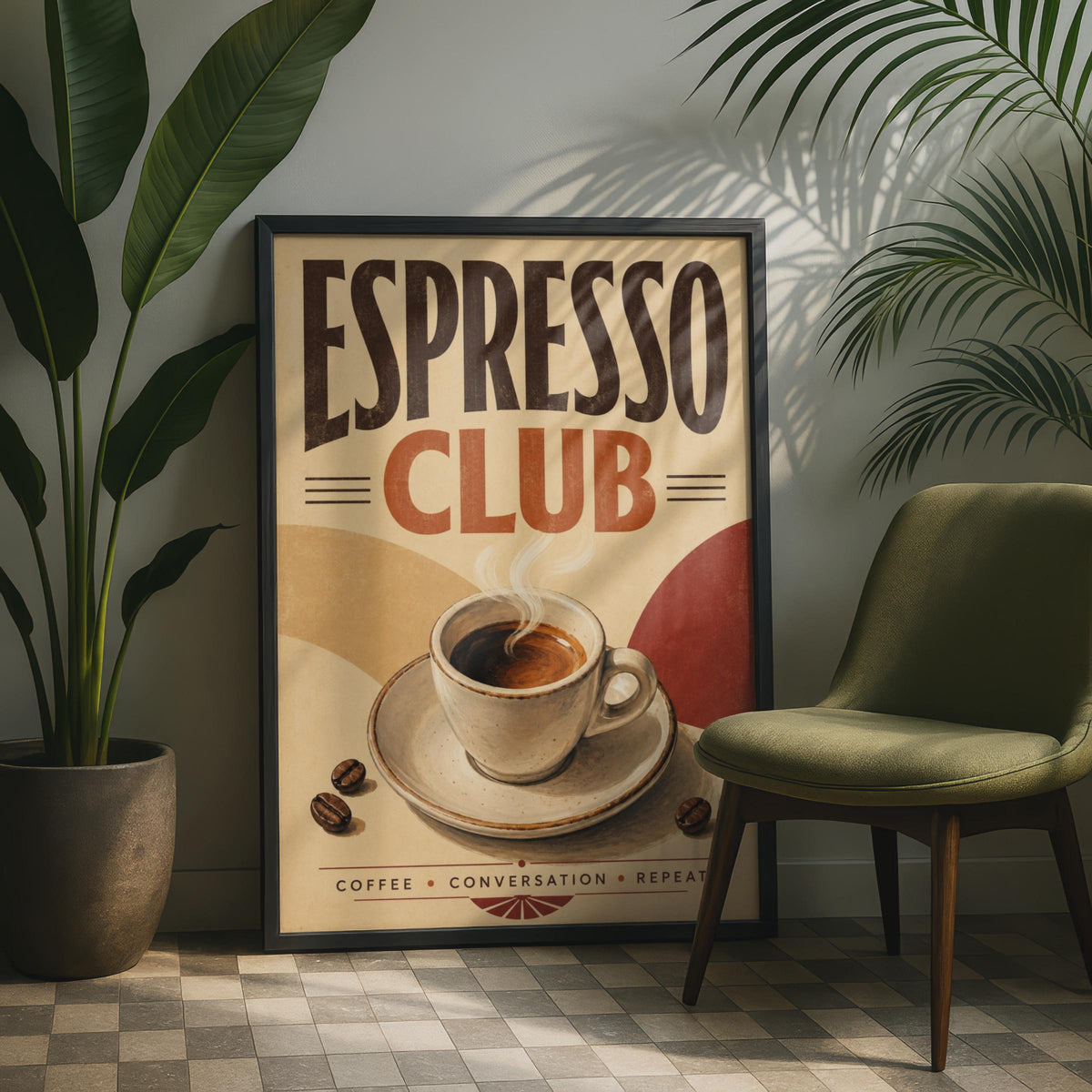 Espresso Club Retro Coffee Poster, Mid Century Cafe Wall Art, Terracotta Tones Print
