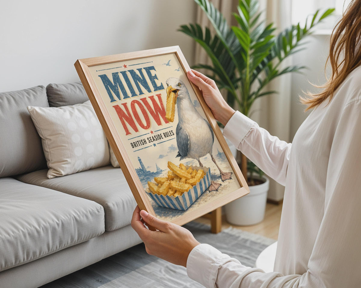 Seagull Stealing Chips Poster, Funny British Seaside Wall Art, Retro Coastal Print