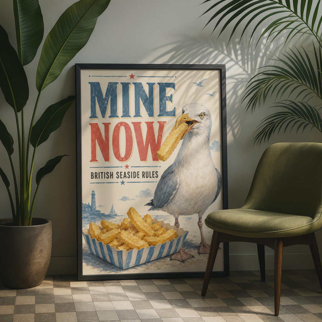 Seagull Stealing Chips Poster, Funny British Seaside Wall Art, Retro Coastal Print