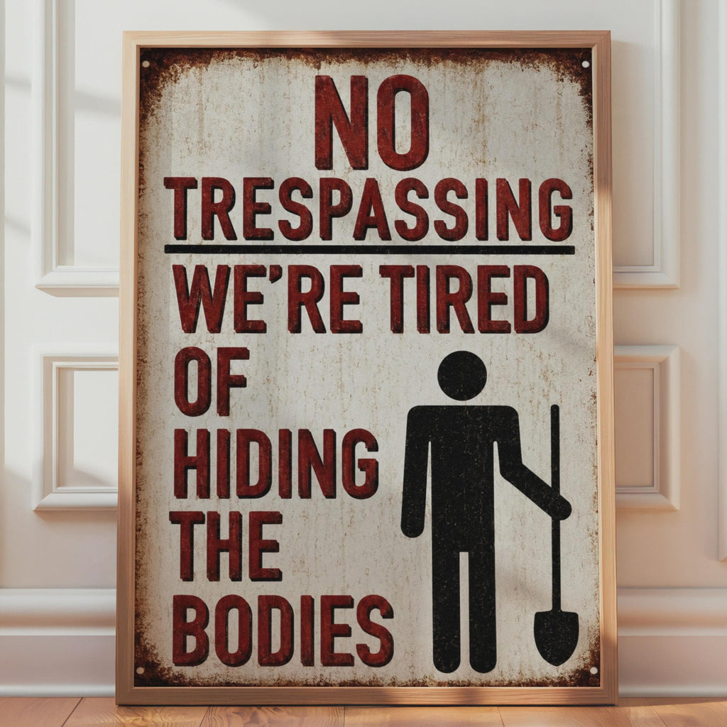 No Trespassing Sign, Tired Hiding Bodies, Dark Humour Wall Art, Vintage Warning Print