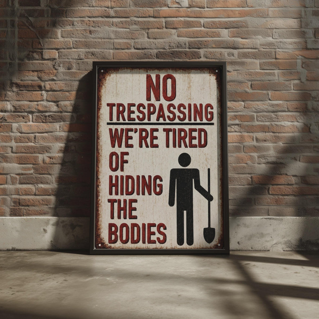 No Trespassing Sign, Tired Hiding Bodies, Dark Humour Wall Art, Vintage Warning Print