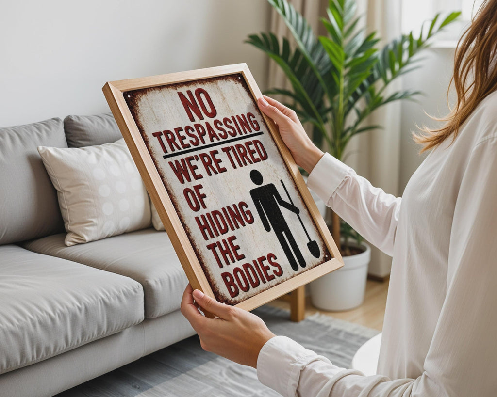 No Trespassing Sign, Tired Hiding Bodies, Dark Humour Wall Art, Vintage Warning Print