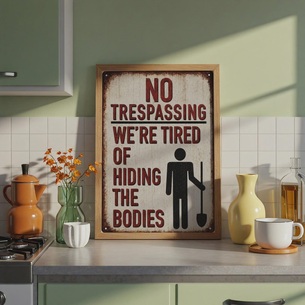 No Trespassing Sign, Tired Hiding Bodies, Dark Humour Wall Art, Vintage Warning Print