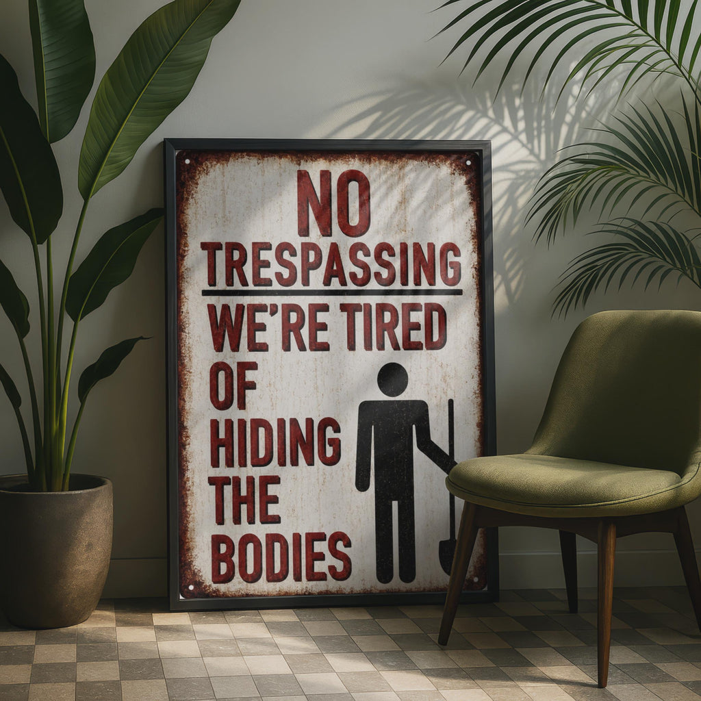 No Trespassing Sign, Tired Hiding Bodies, Dark Humour Wall Art, Vintage Warning Print