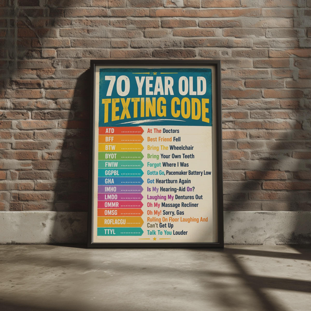 70 Year Old Texting Code Funny Poster, Humorous Birthday Wall Art Sign
