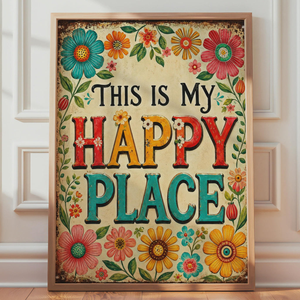 This Is My Happy Place Retro Floral Print, Colourful Boho Wall Art
