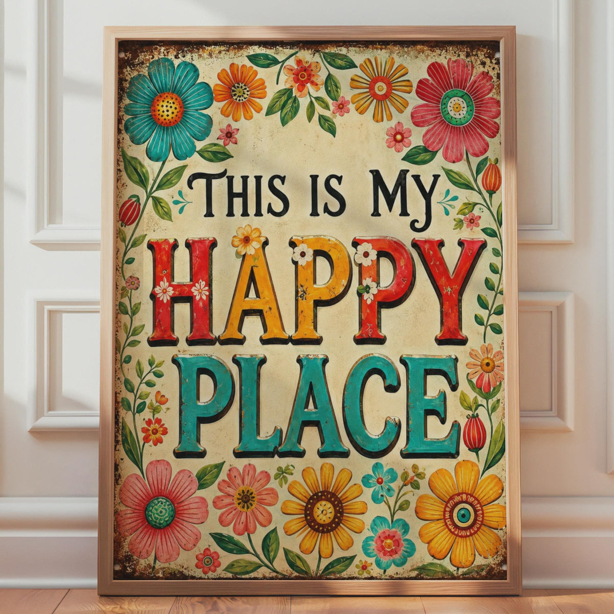 This Is My Happy Place Retro Floral Print, Colourful Boho Wall Art