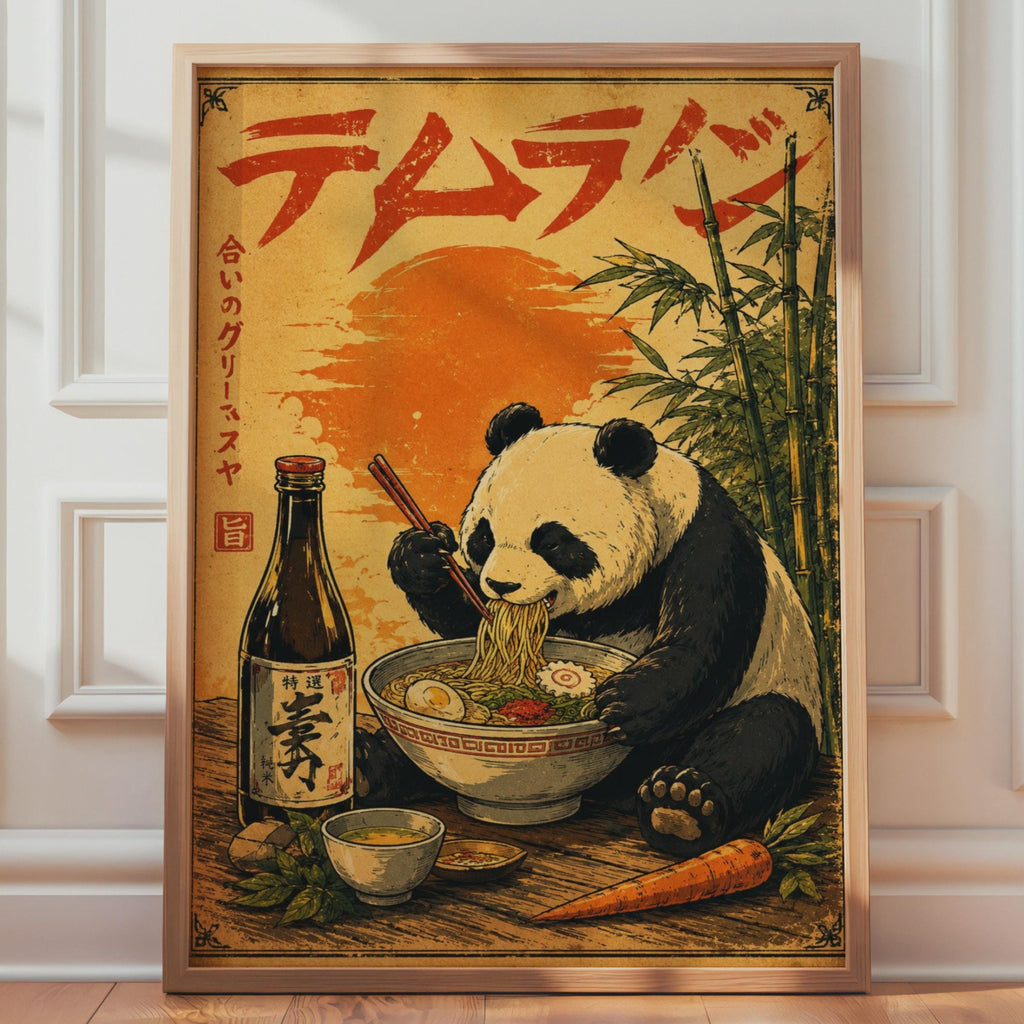 Panda Ramen Poster, Vintage Japanese Wall Art, Retro Asian Food Print