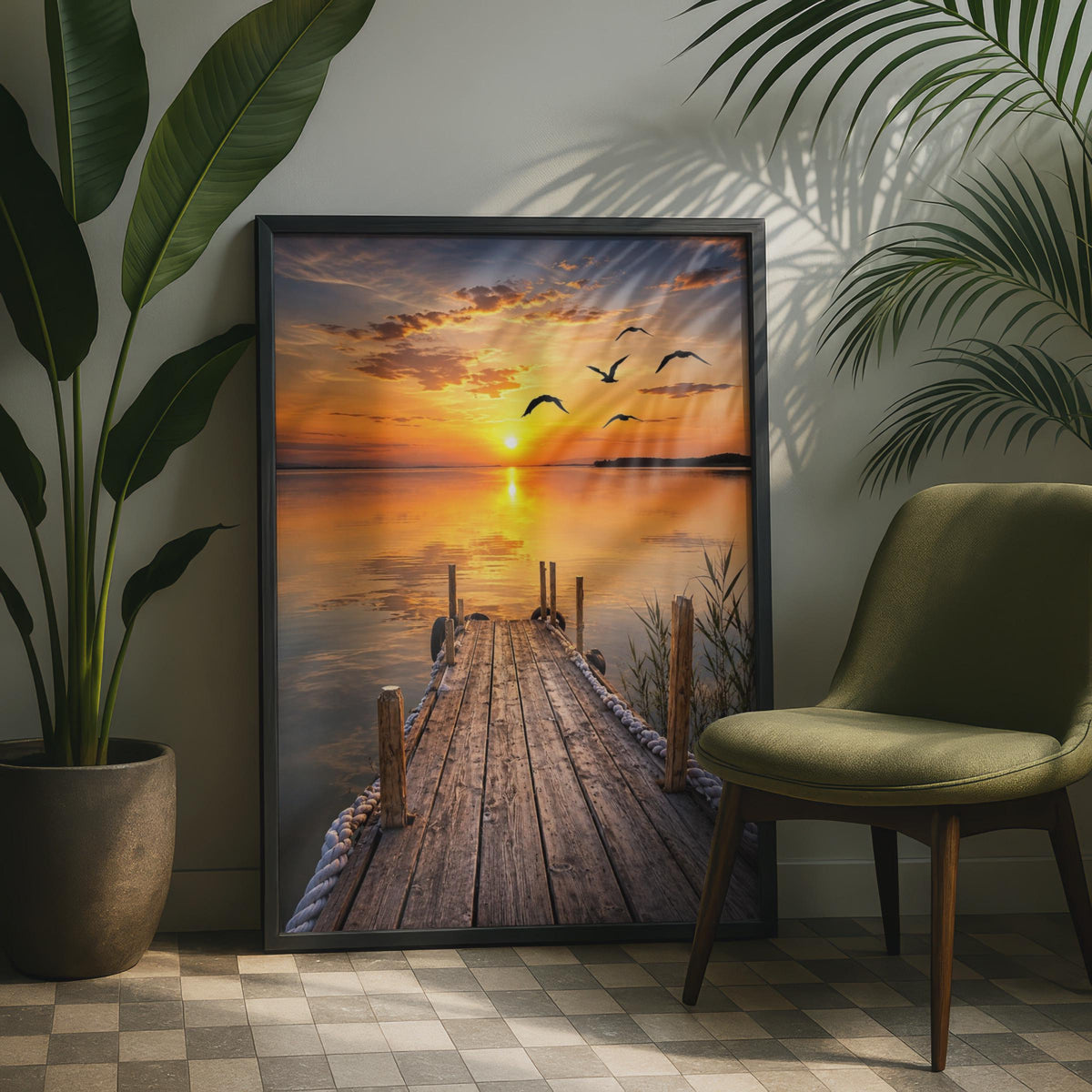 Tranquil Sunset Lake Dock Print, Bird Silhouette Wall Art, Golden Horizon Landscape