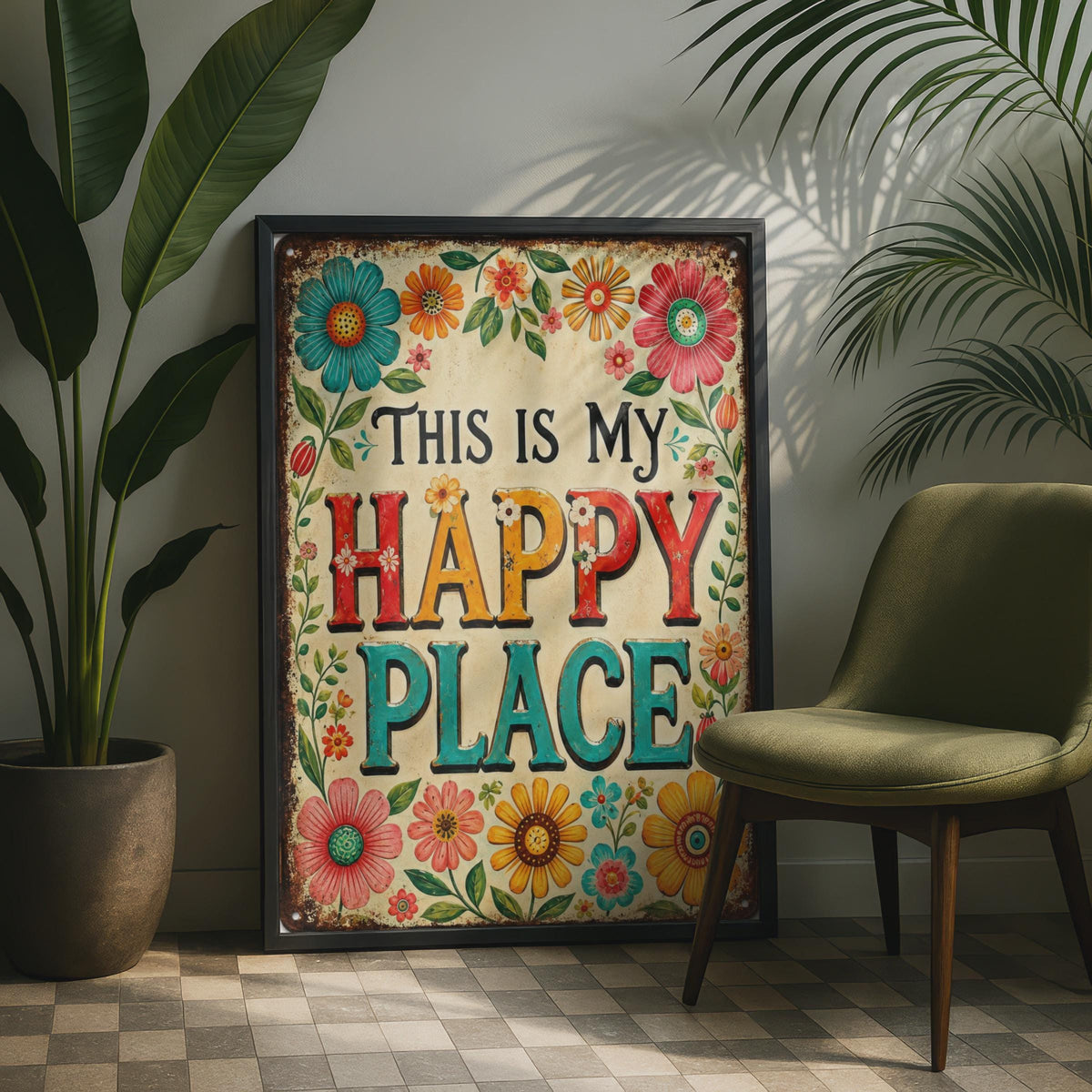This Is My Happy Place Retro Floral Print, Colourful Boho Wall Art