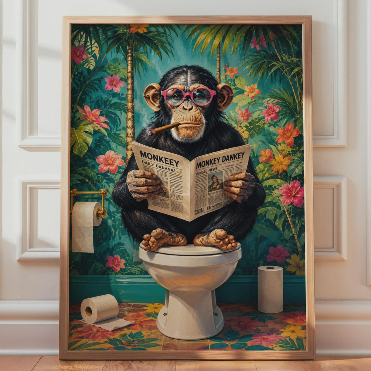 Chimpanzee Reading Newspaper Bathroom Print, Colourful Tropical Animal Wall Art